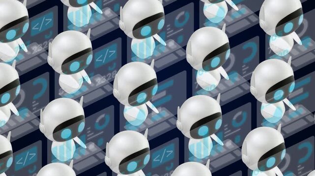 Isometric grid of cute AI 3D robots working on hologram computers. Symbolizing automated coding, data, Artificial intelligence, and tech workflow.