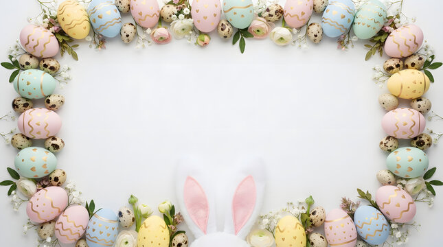 Easter frame with pastel eggs and bunny ears on white background
