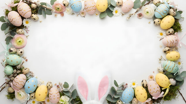 Easter border frame with colorful eggs and bunny ears