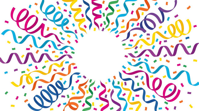 Colorful party streamers and confetti circular border background