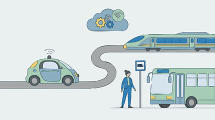Naklejka premium Smart Transportation Network with Autonomous Car, Train, and Bus