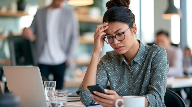 Stressed young woman having headache while working