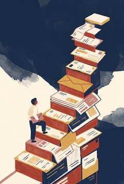 Man Climbing Tower of Documents and Administrative Paperwork