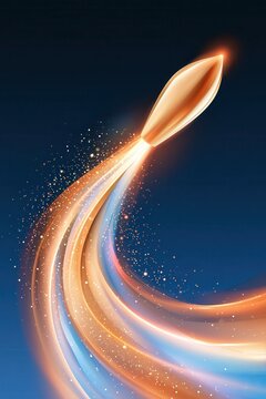 Glowing rocket launching with light trails and sparkling particles against dark blue background