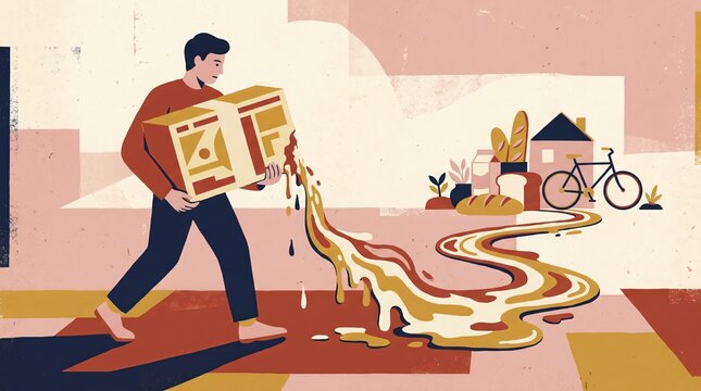 Household Expenses Leaking From Man Carrying Heavy Package