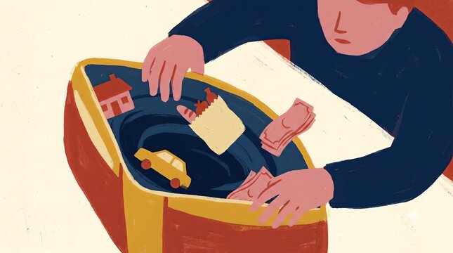 Person Searching Household Savings Inside Financial Burden Bag