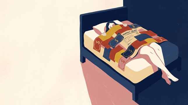 Woman Buried Under Salary Bills Illustrating Financial Stress
