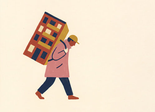 Man Carrying Apartment Building as Heavy Housing Burden