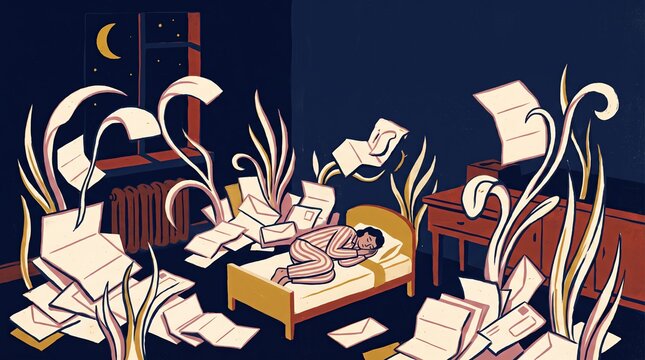 Person Sleeping Amid Overwhelming Paperwork and Unpaid Bills