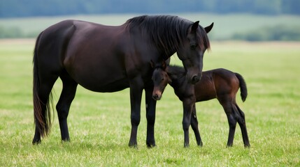 Fototapeta premium Mare and foal standing together in green pasture