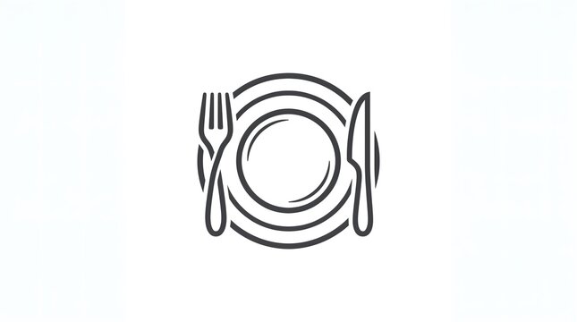 Minimalist vector icon of a dinner plate flanked by a fork and a knife, isolated on a white background, representing dining, restaurant, food, and culinary concepts