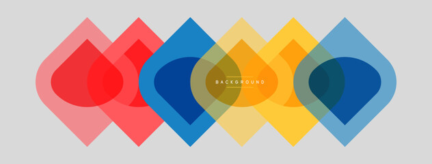 Fototapeta premium Abstract geometric shapes overlap. Colors include pink, red, blue, yellow, gray. Minimalist design creates modern visual effect.