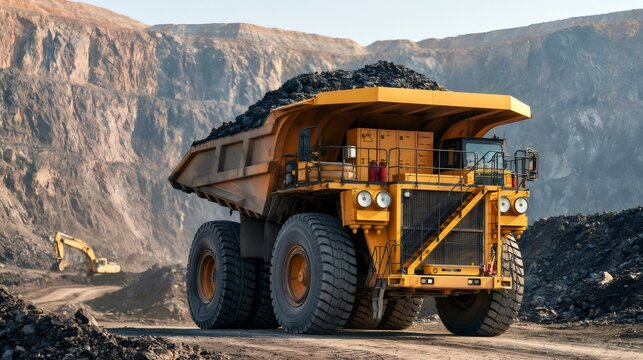 Large mining dump truck transporting coal in open pit quarry