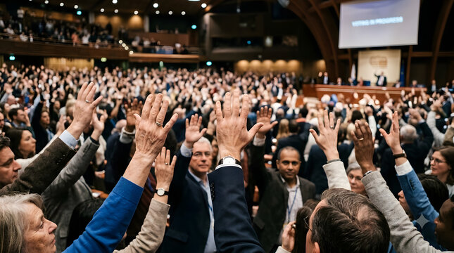 Crowd raising hands in conference hall