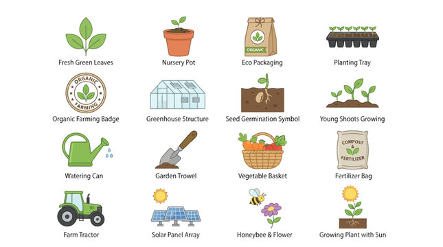 Set of Sustainable Organic Farming Icons Illustrating Agricultural Practices