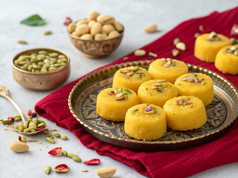 Traditional Indian Kesar Peda, saffron-colored milk sweets topped with pistachio fragments, luxurious festive