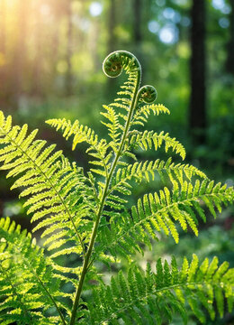 A backlit green fern frond with curled fiddleheads grows in a sunlit forest, showing detailed fronds and soft bokeh trees in the background.