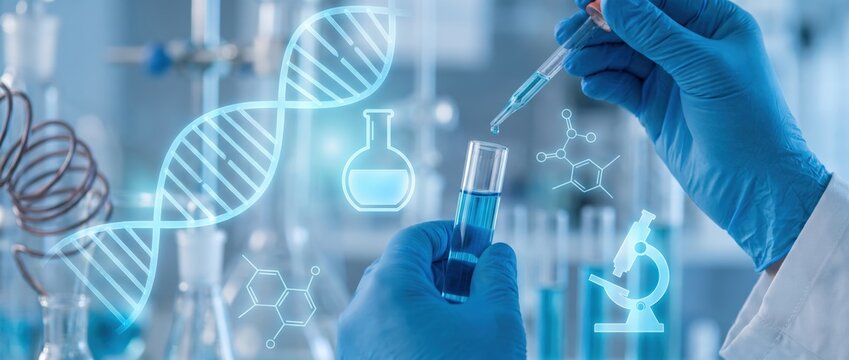 A close up view of a scientist's hands in blue gloves conducting an experiment with a test tube and pipette in a modern laboratory setting with digital overlays.