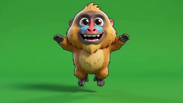 Cute cartoon monkey character with a happy expression and open arms, jumping on a green screen background.