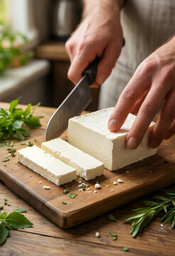 Healthy cooking and fresh ingredients, person cutting feta cheese on a wooden board with herbs in a kitchen