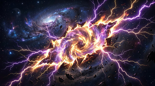 Cosmic energy vortex exploding with vibrant purple lightning in deep space nebula