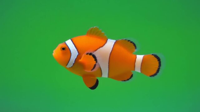 Orange Clownfish Swimming Isolated on Green Screen Chroma Key