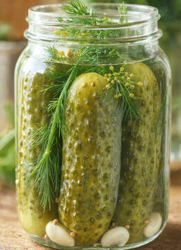 Jar of pickled cucumbers packed with dill and garlic, arranged in brine for preservation. Bright natural ingredients showcase traditional homemade preserves for jars or labels.