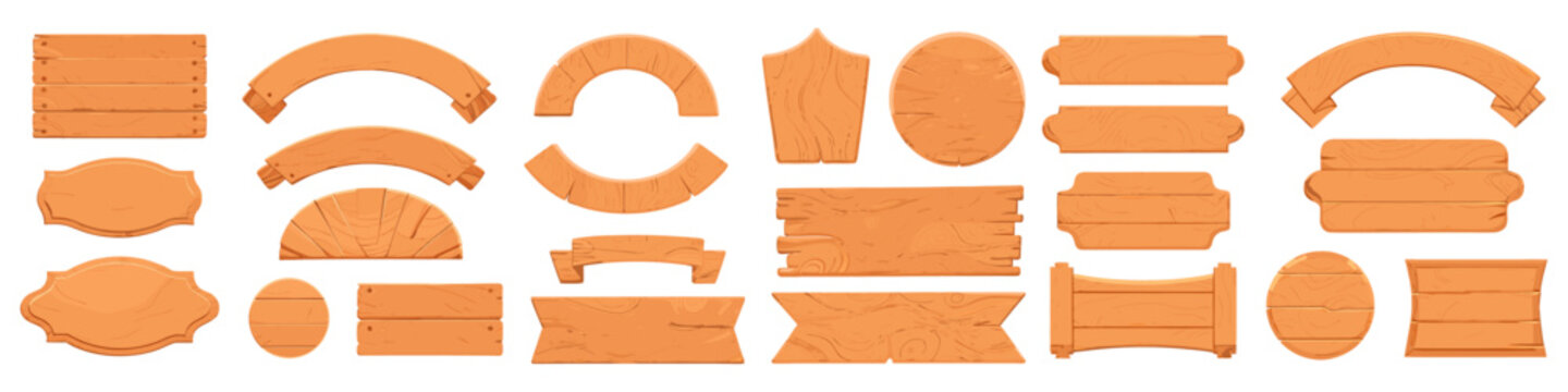 A horizontal vector collection of blank wooden banners, badges, curved ribbons, and signboards