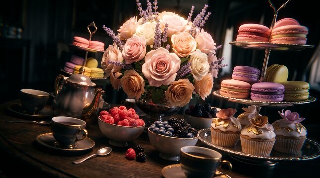 Luxury high tea dessert table showcasing colorful macarons, fresh berry bowls and elegant rose floral centerpiece, concept for afternoon tea celebration and gourmet catering service