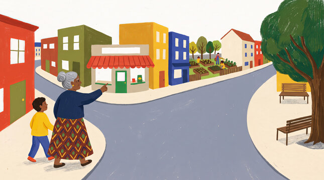 Grandmother Guiding Child Through Familiar Neighborhood