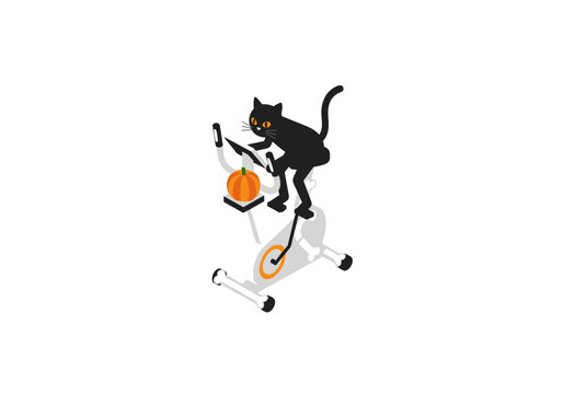 Black cat with pumpkin riding a bone stationary bike