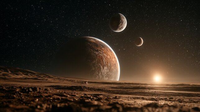 Fantasy planets and moons above an alien desert