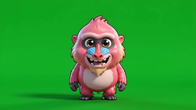 Cute pink monkey cartoon character with blue face and big smile on green screen background.