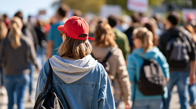 Diverse peaceful crowd walking together during an equality march, human rights, women's equality, social justice, diversity, inclusion, civil rights, community activism, with copy