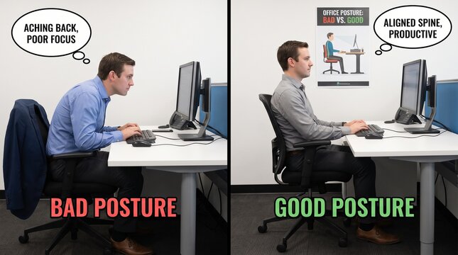 Comparing good and bad office posture for ergonomic health and workplace productivity