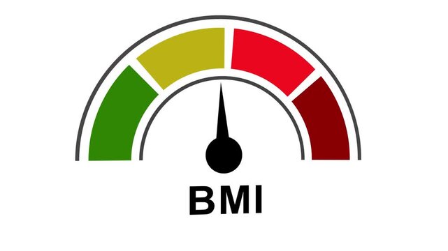 Animated bmi body mass index gauge meter with moving indicator needle showing health status weight levels from underweight to overweight and obesity risk assessment on clean white background