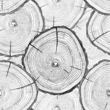 A pencil drawing depicting a cross-section of an oak tree with growth rings in a seamless pattern. Ideal for print, web design, packaging, restaurant menus, eco-hotel logos, parks, interior design.