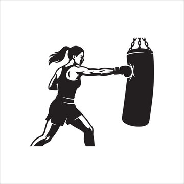 Female boxer punching heavy training bag vector asset