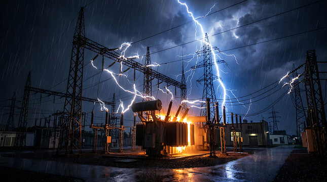Dramatic lightning strike hits power substation during storm causing electrical surge and outage