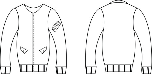 Bomber Jacket Flat Sketch Vector Front and Back View Technical Drawing © Khademul