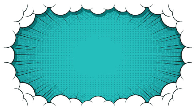 Retro Comic Explosion Frame &ndash; Teal Halftone Burst Pop Art Speech Bubble Vector Template for Poster and Banner Design