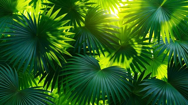 Tropical palm leaf foliage with vibrant green shades and sunlight filtering through lush nature, fresh lively tropical palm