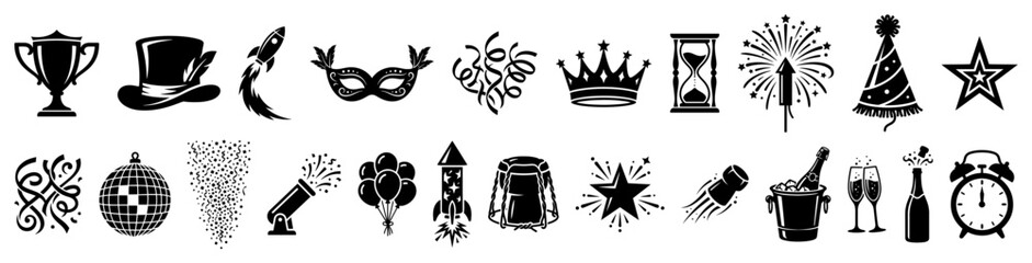 Fototapeta premium New Year party celebration icons and festive event symbols set in flat black vector style