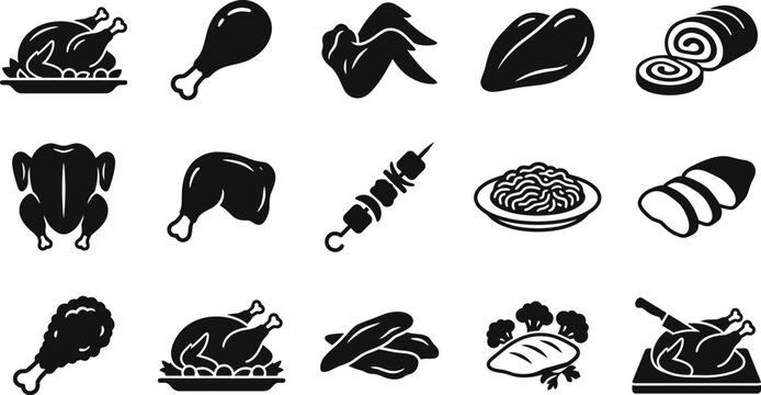 Collection of black silhouettes depicting various poultry and chicken meat products with poultry icons roast chicken leg chicken wings chicken breast food silhouettes