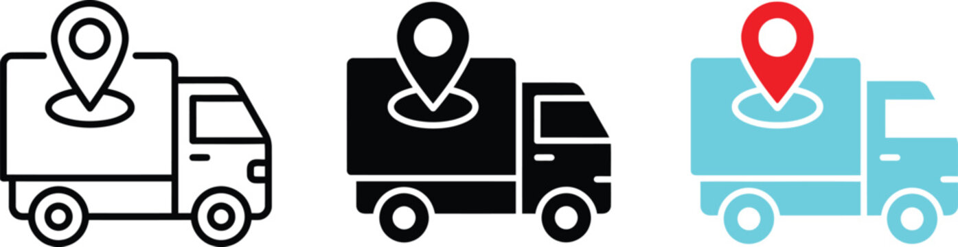 Delivery truck vector icons set featuring location pin symbols in outline solid black colored design styles shipping icon logistic sign map marker cargo vehicle shipping