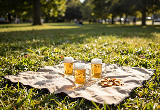 Outdoor picnic and summer leisure, three beer mugs with snacks on a blanket in a sunny park setting
