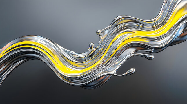 Liquid chrome splash with yellow wave abstract background for modern design projects.