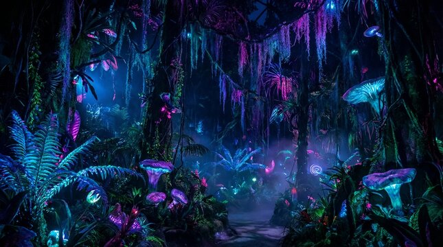 A mystical, bioluminescent forest at night, alive with glowing plants, fungi, and ethereal mist. The scene evokes a sense of wonder and enchantment