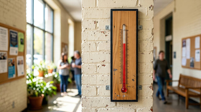 Wooden thermometer on a brick column in a school hallway, school climate control and energy conservation concept