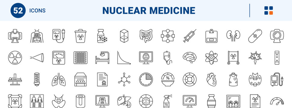 Nuclear medicine line icon set. Vector pictograms of scan, diagnostic, radiology, and tracer elements, thin linear illustration.